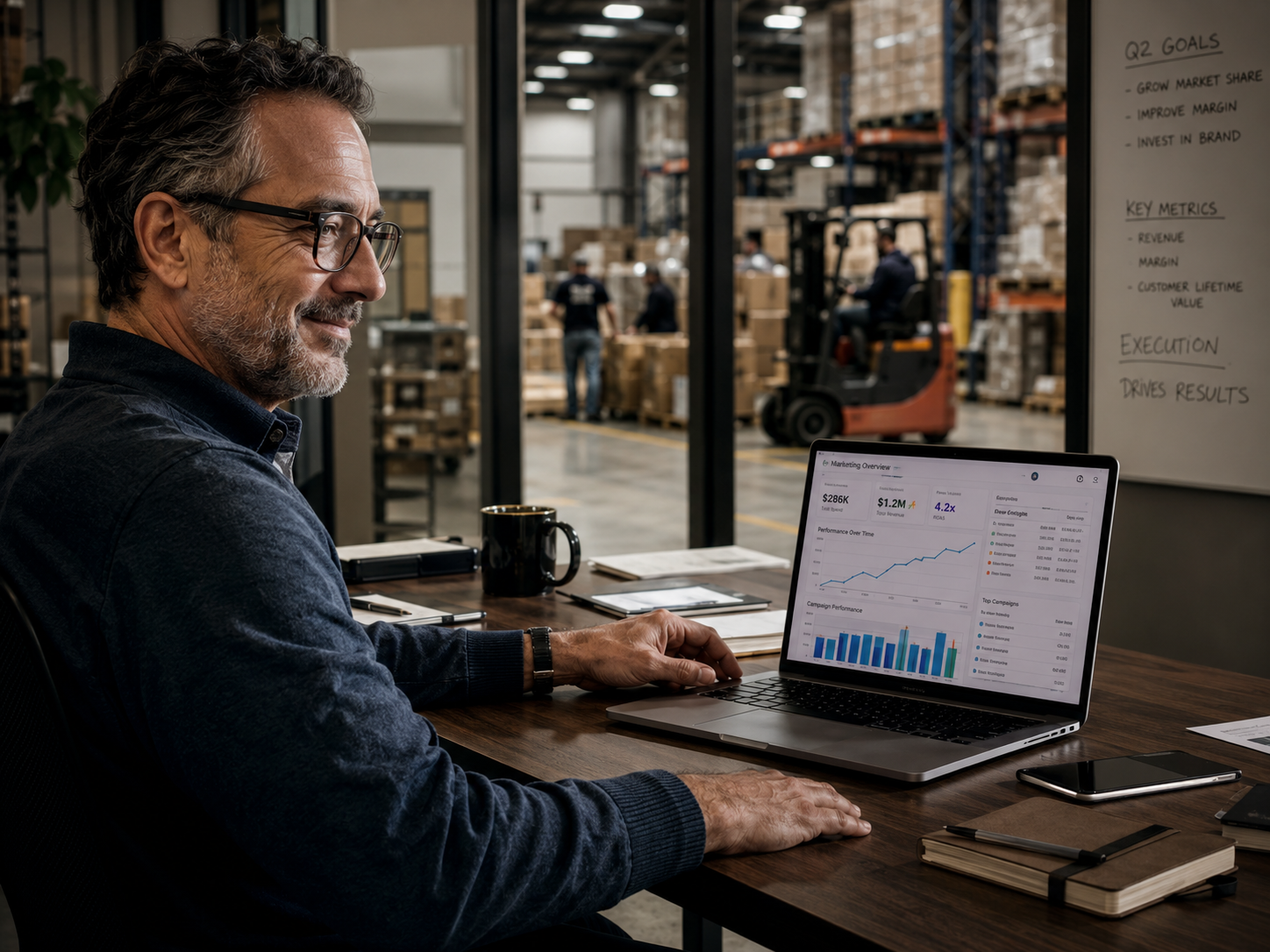 Distribution company owner reviewing dashboard