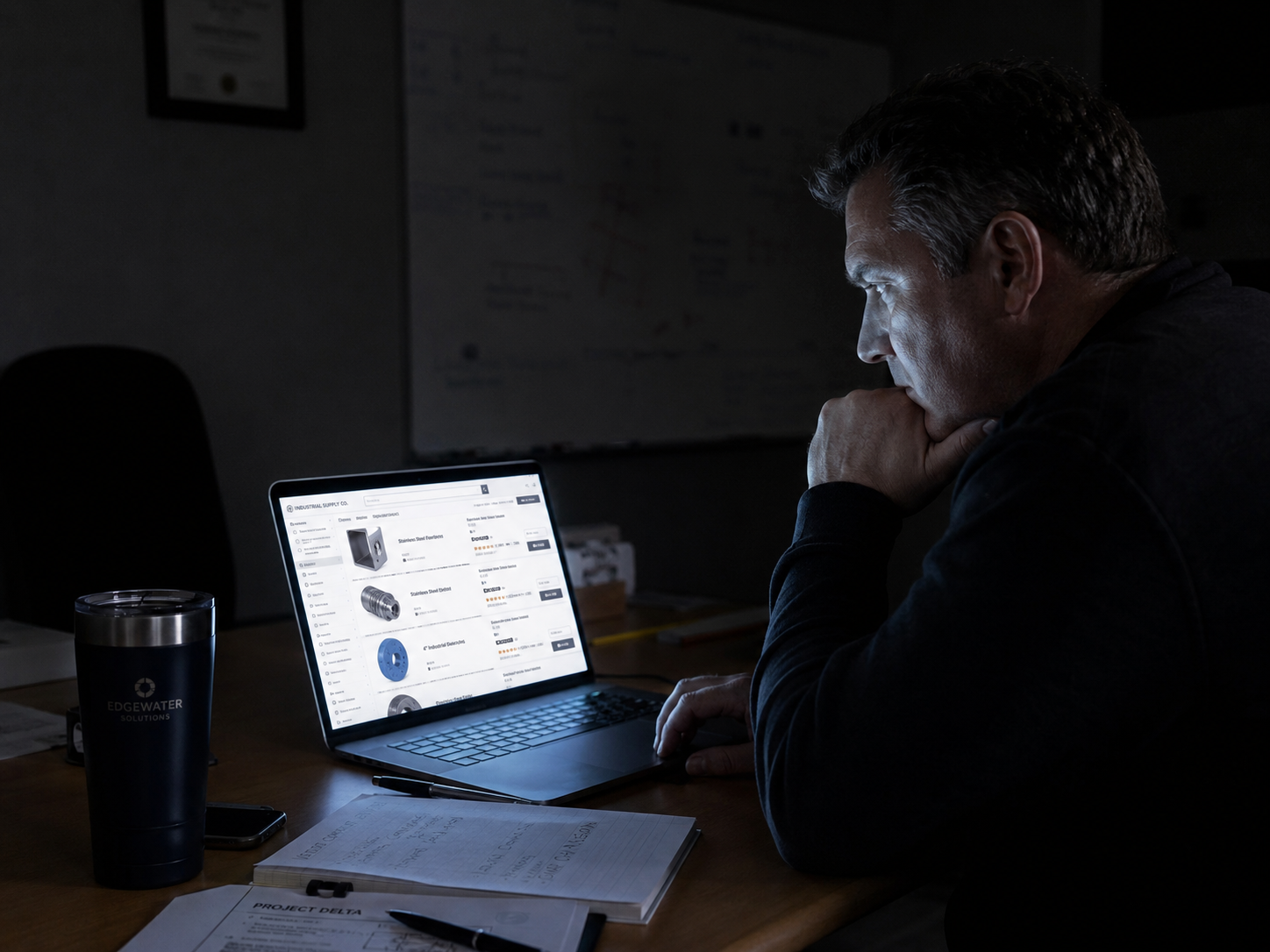Distribution company owner researching vendors online