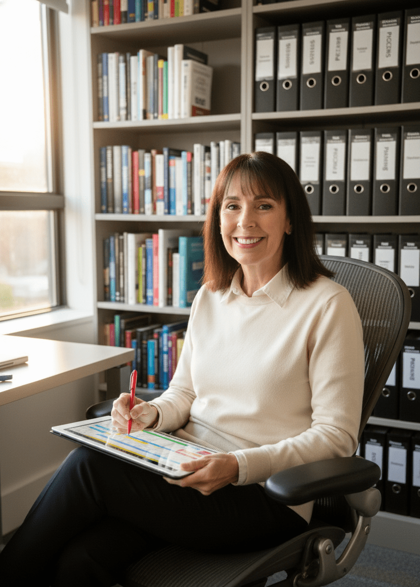 Susan Merlo sitting by a window with a wall of books